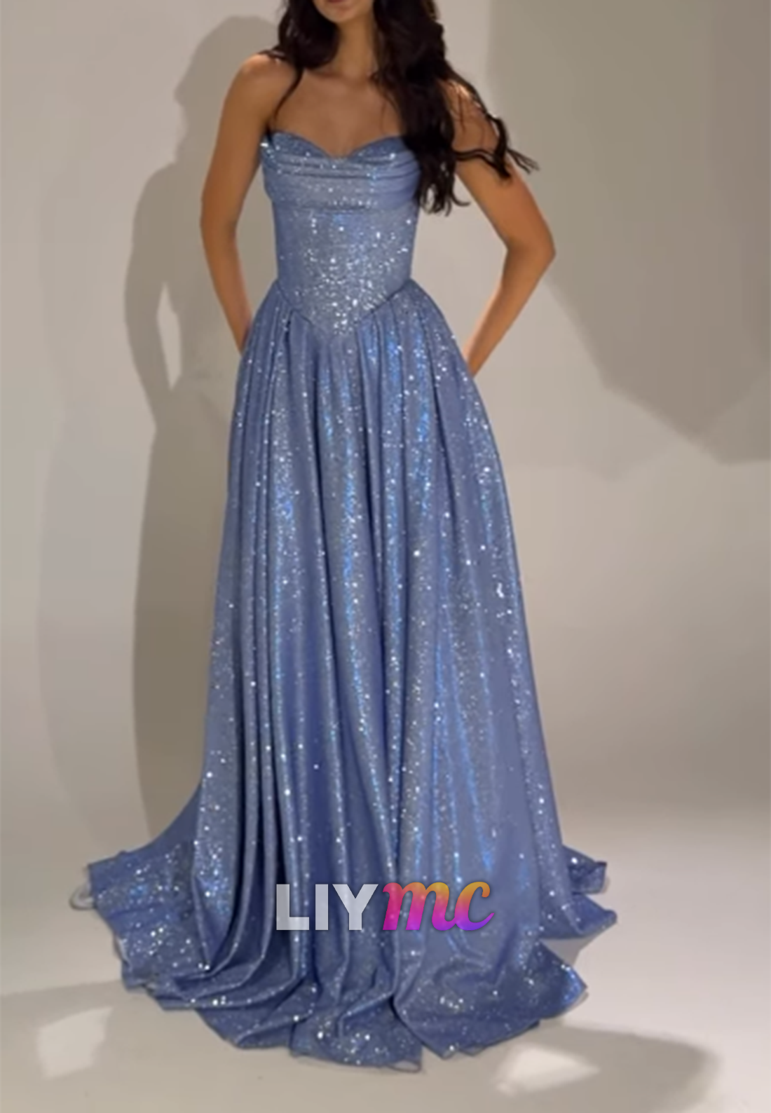 Glitter Corset A-Line Prom Dress with Pockets