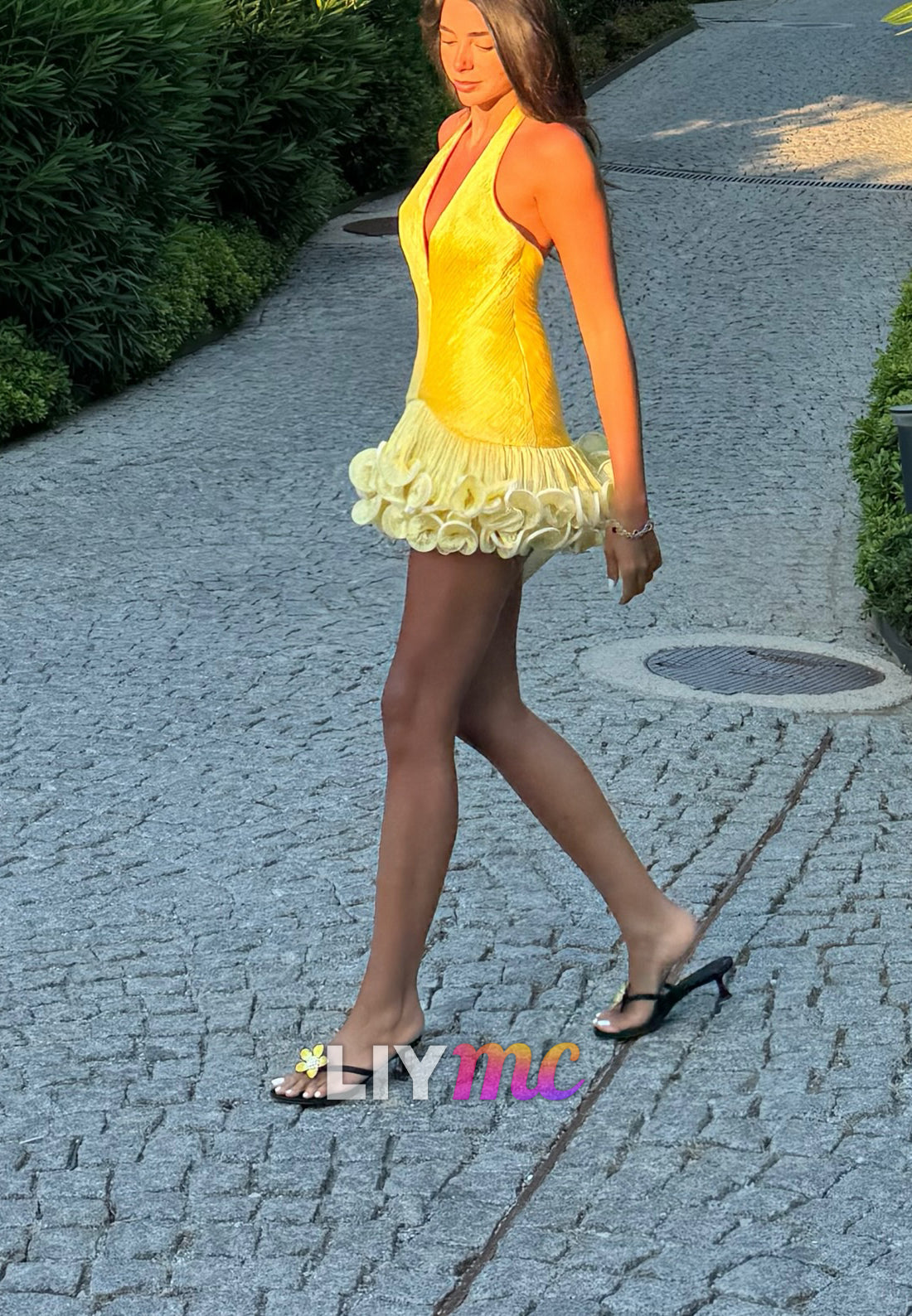 Plunging Halter Mini Dress with Ruffled Hem