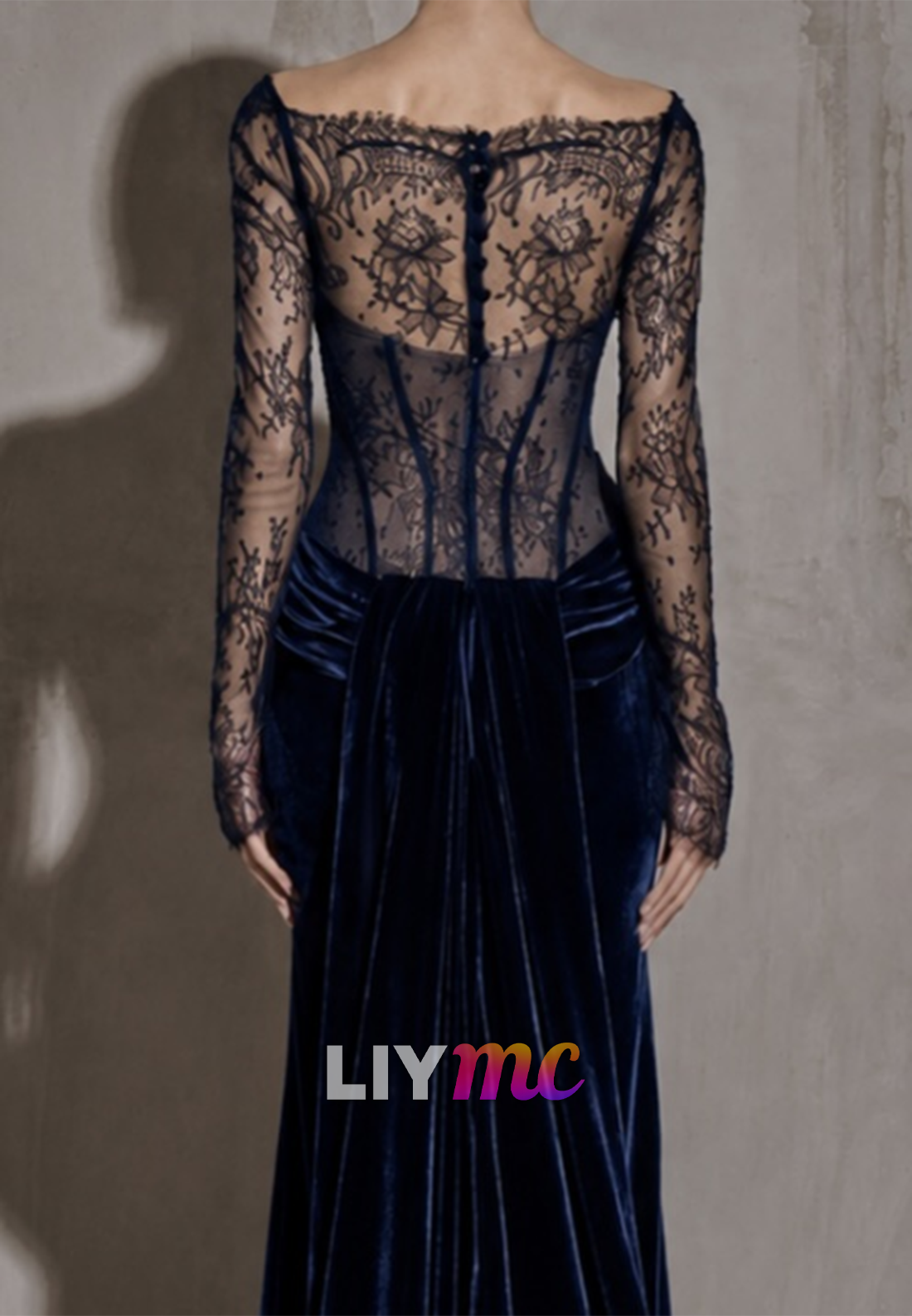Illusion Lace Corset Velvet Trumpet Gown with Train
