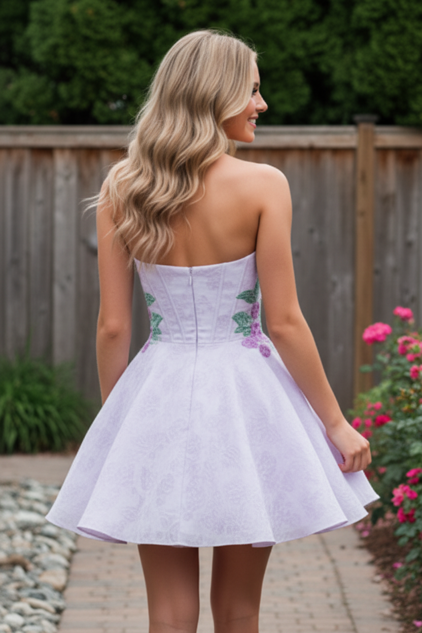 Strapless Sweetheart Jacquard Dress with Floral Appliques