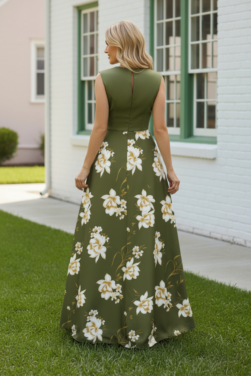 Floral Print Sleeveless A-Line Evening Gown