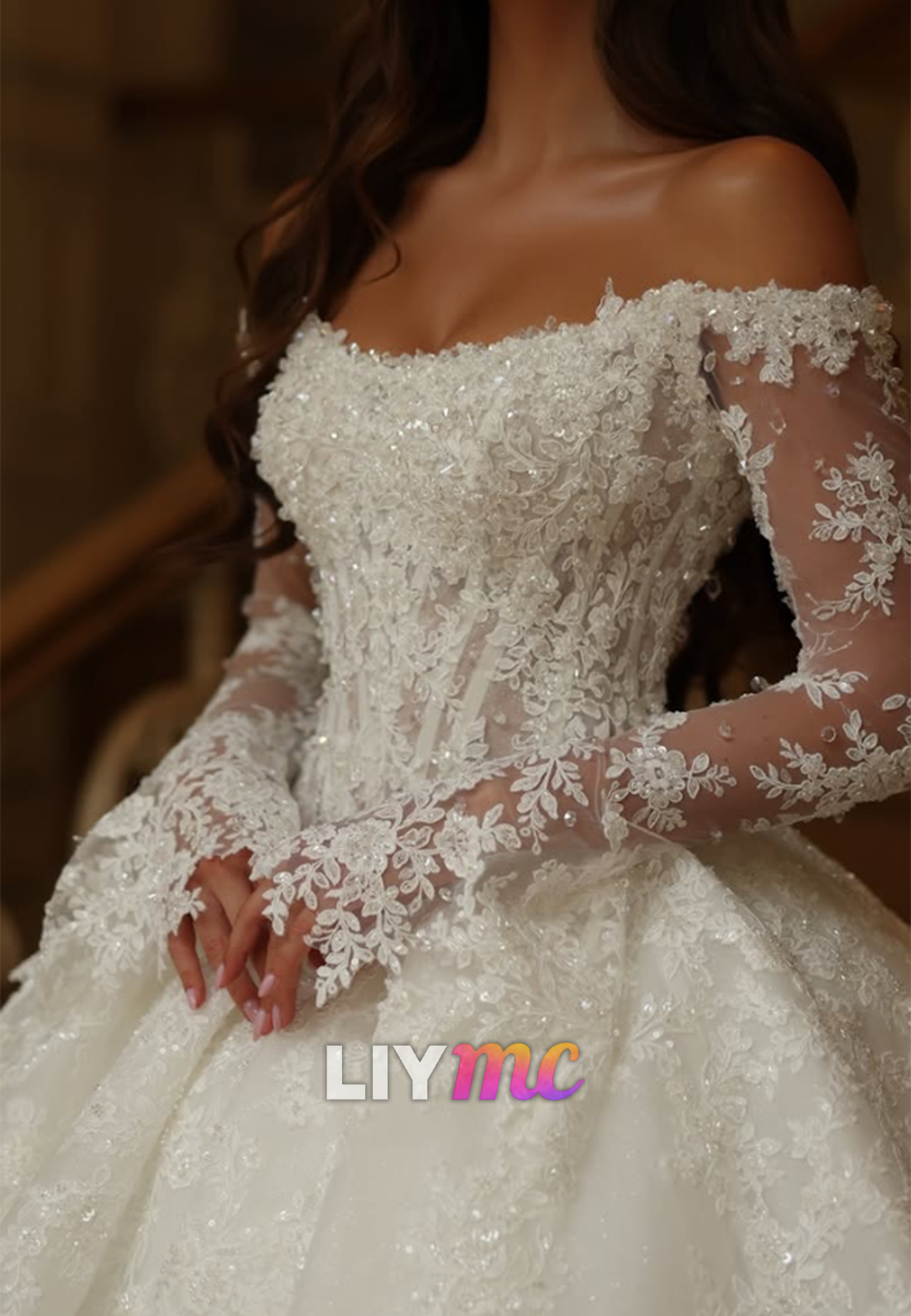 Off-Shoulder Lace Corset Ball Gown Wedding Dress