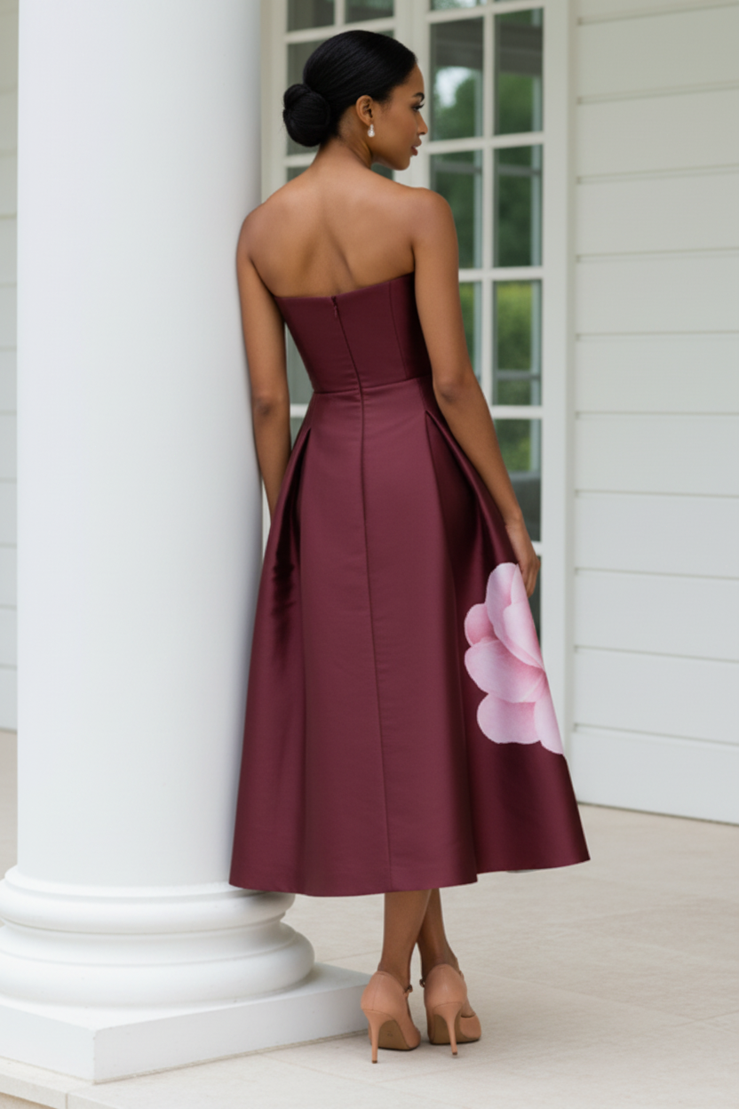 Strapless Floral Print Satin Tea-Length Dress