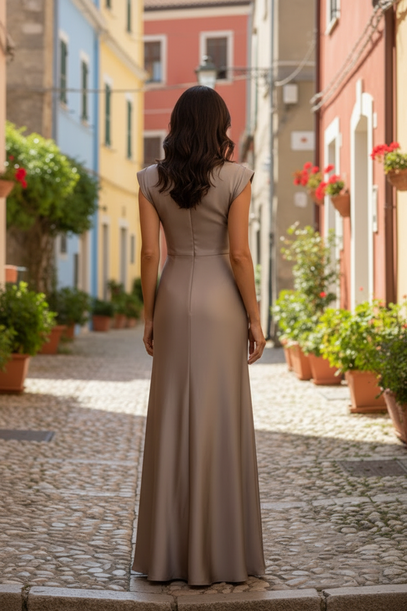 Pleated V-Neck Evening Gown with Rosette