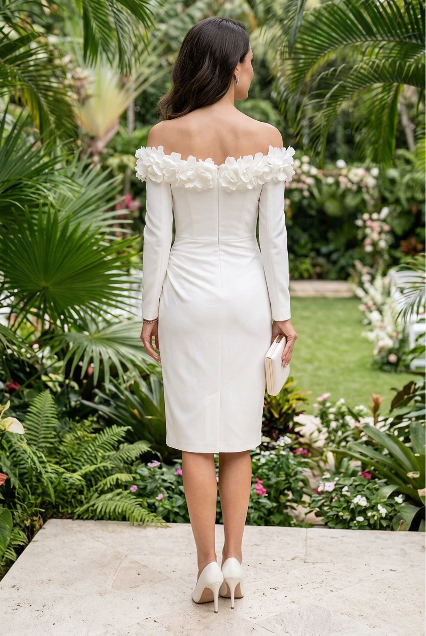 3D Floral Off-the-Shoulder Long Sleeve Sheath Dress