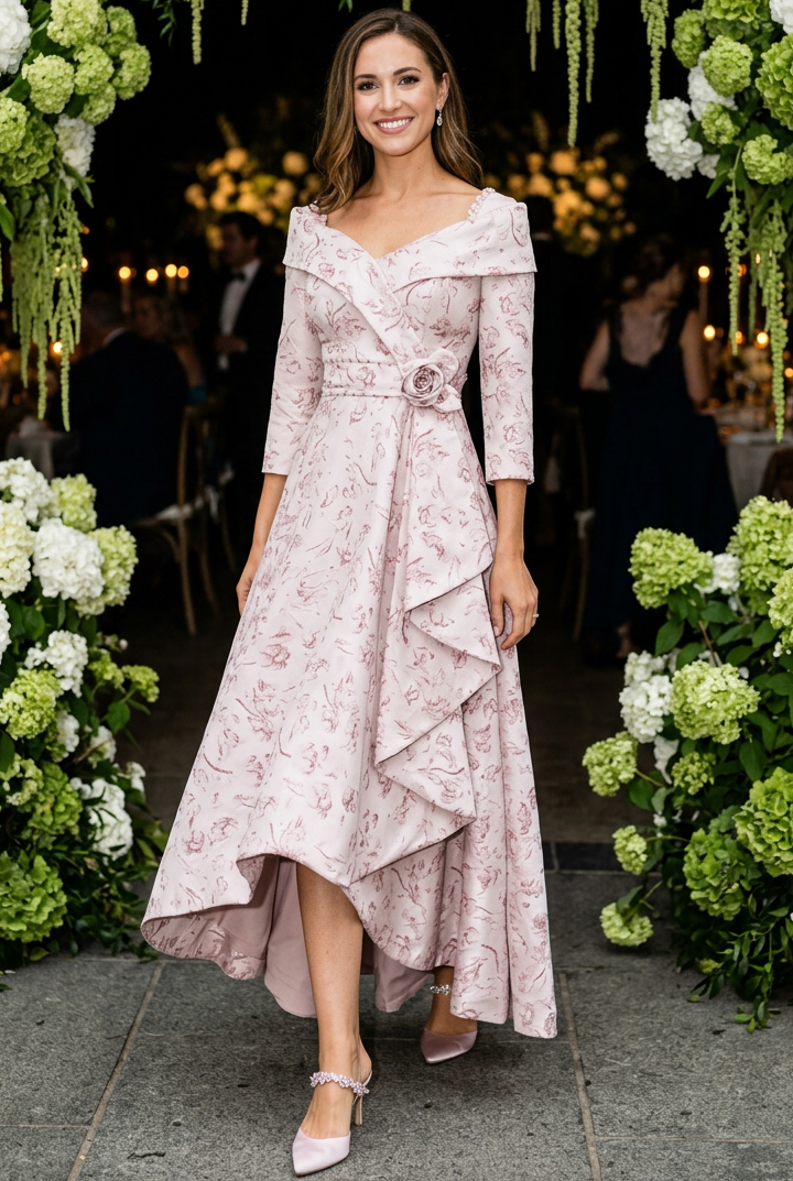 High-Low Floral Jacquard Gown with Ruffle Skirt