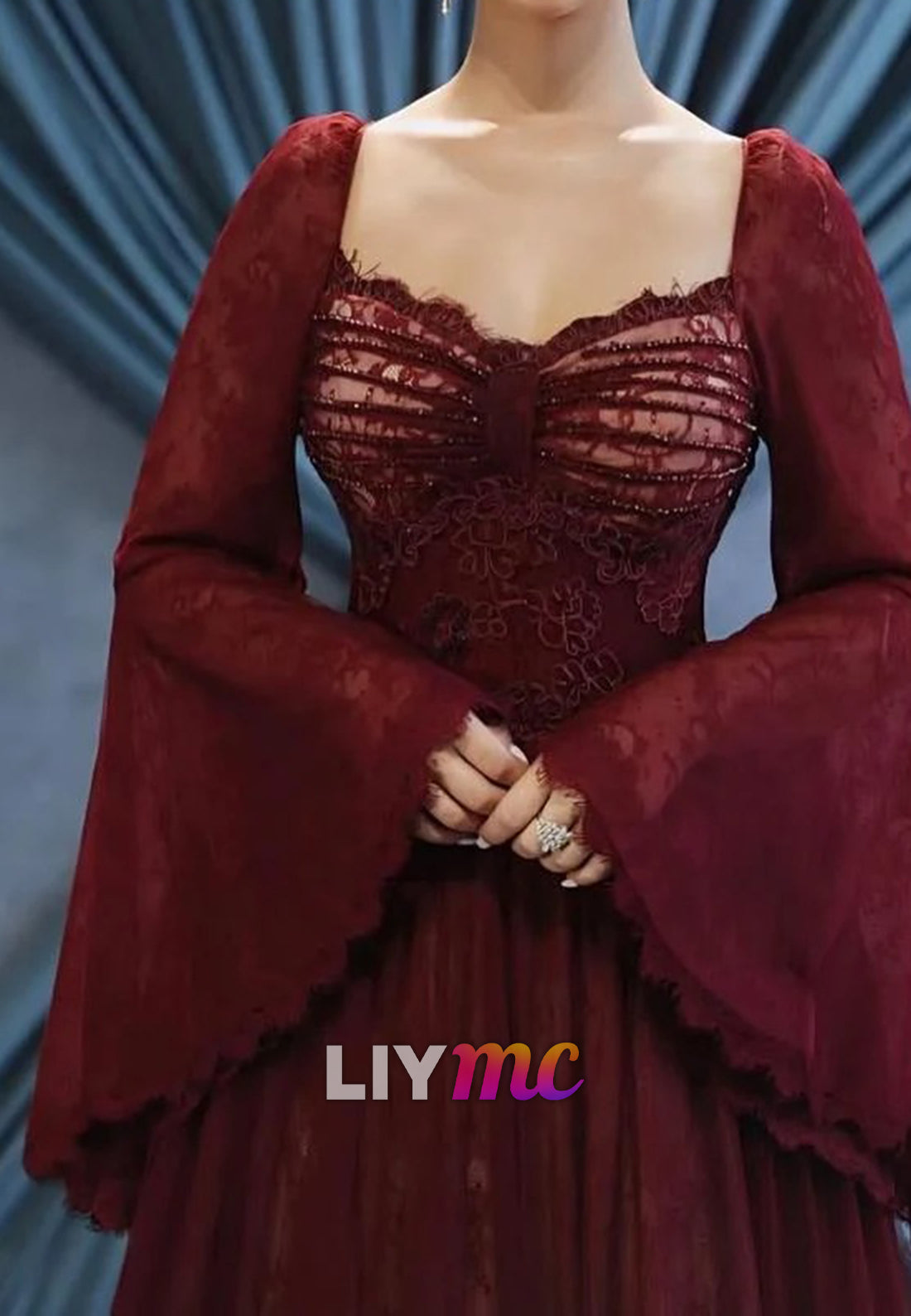Lace Bell Sleeve A-Line Gown with Square Neckline