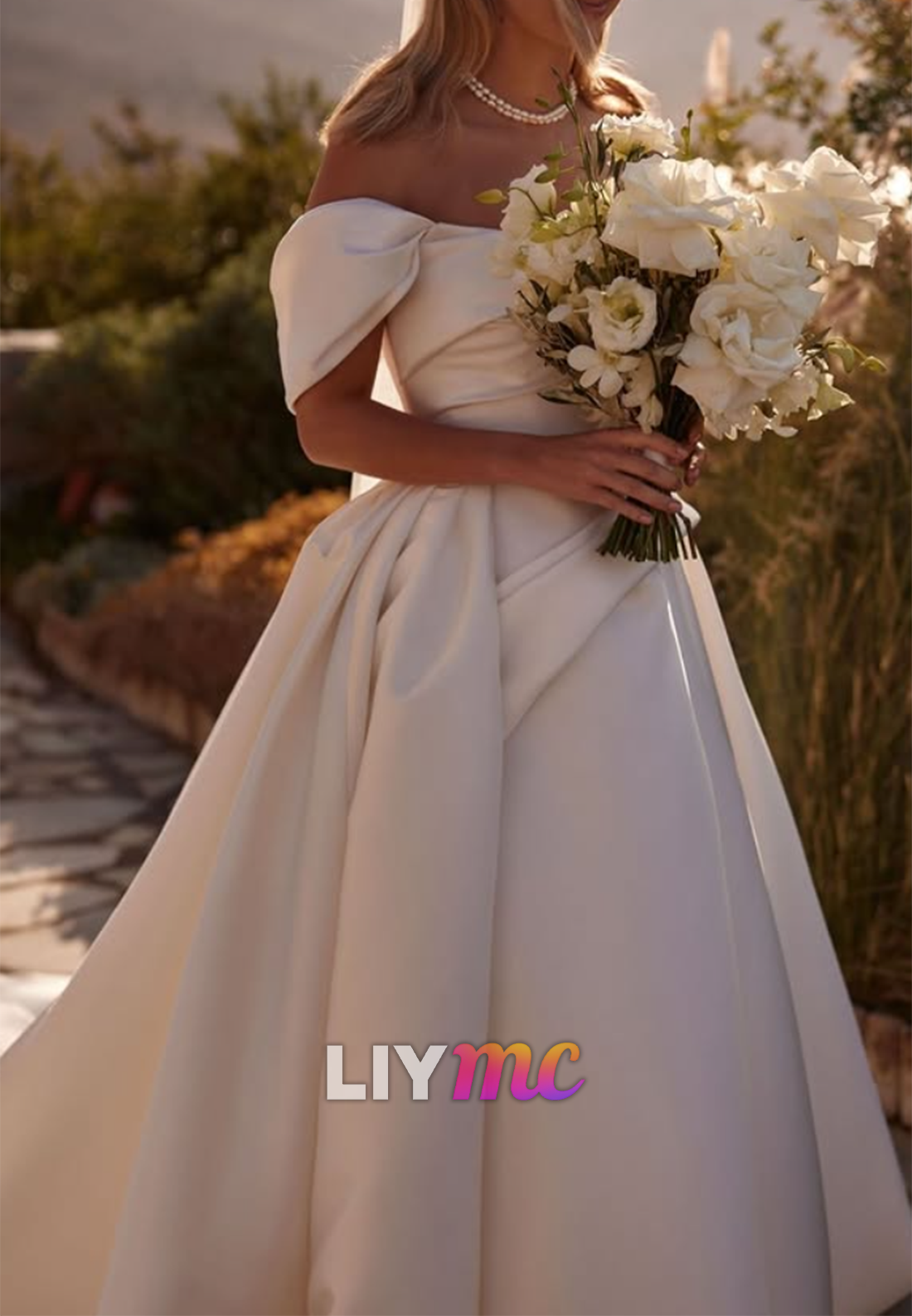 Off-the-Shoulder Draped Satin Ball Gown Wedding Dress