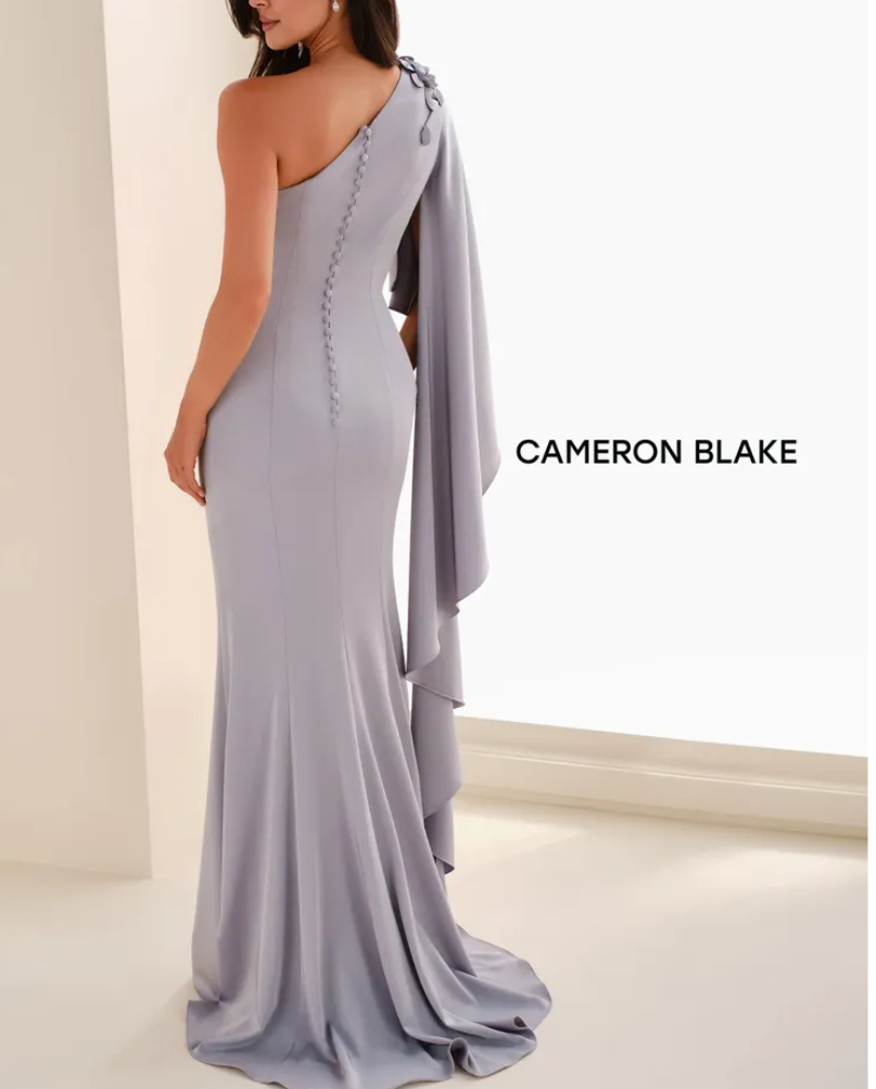 One-Shoulder Floral Cape Evening Gown