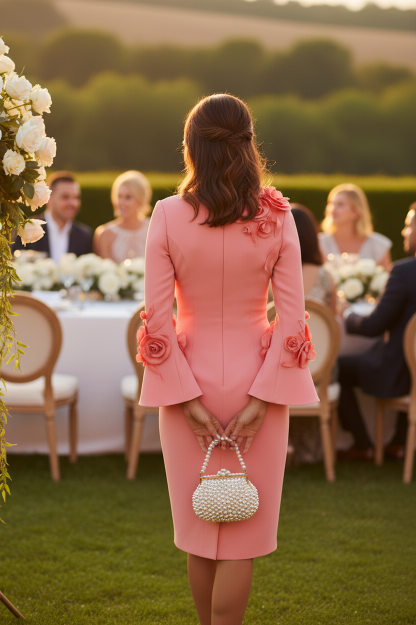 Crepe Knee-Length Dress with 3D Flowers