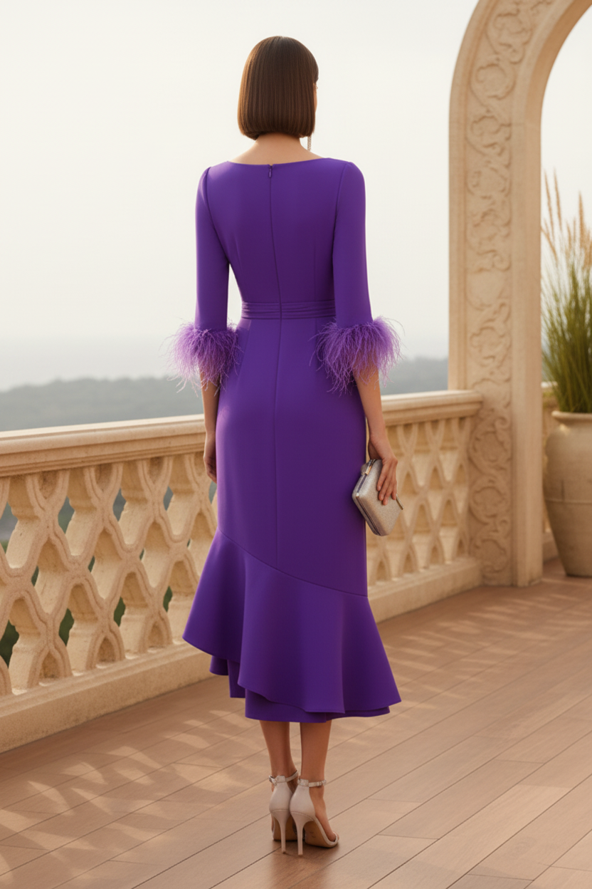 Feather Cuff Midi Evening Dress