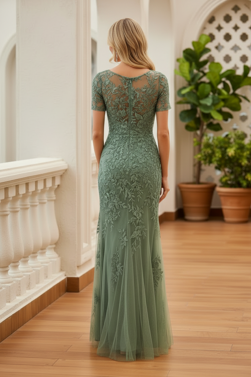 Floral Lace Short Sleeve Evening Gown