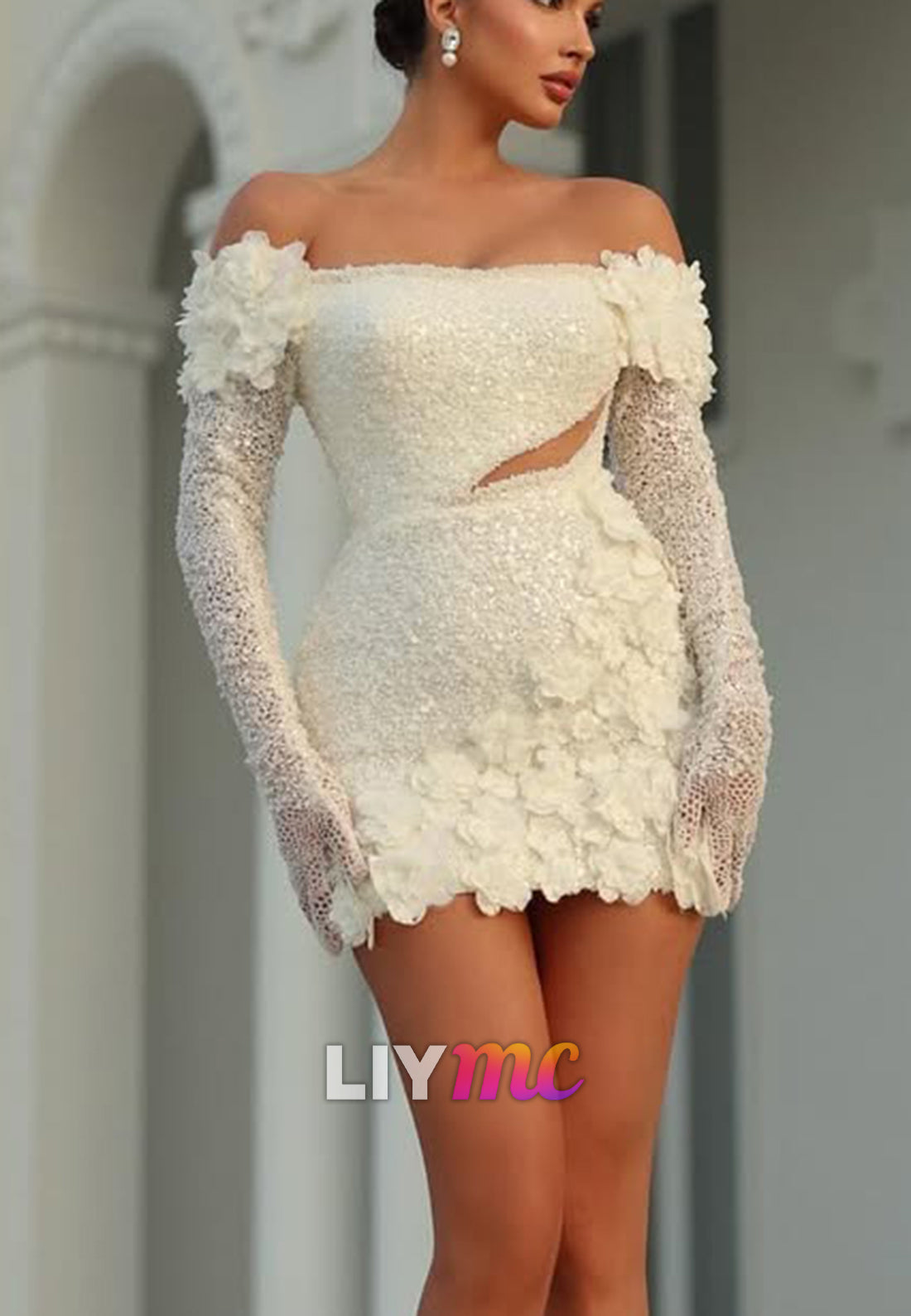 Off-Shoulder Sequin Mini Dress with 3D Floral Appliques
