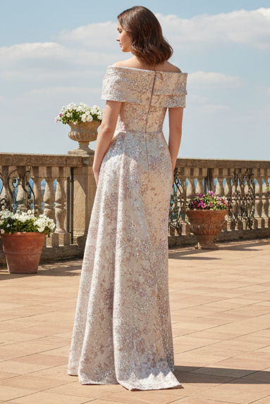 Off-the-Shoulder Jacquard Gown with Side Drape
