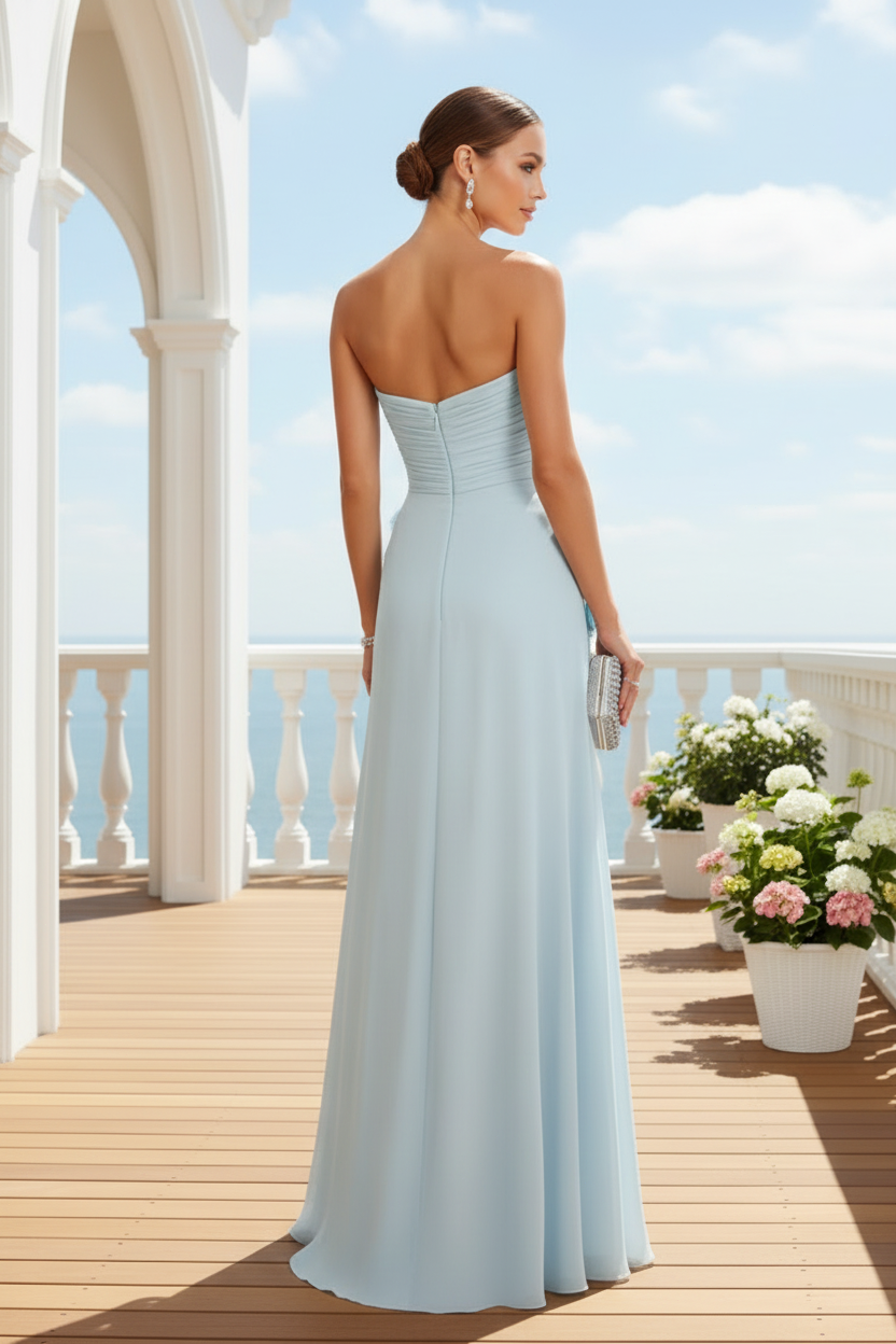 Strapless Ruched Chiffon Evening Gown with 3D Flowers