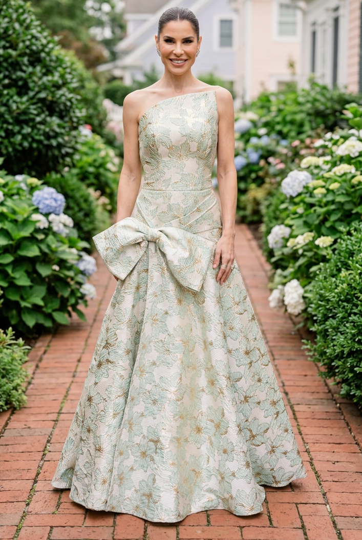 Asymmetrical Floral Jacquard Gown with Bow