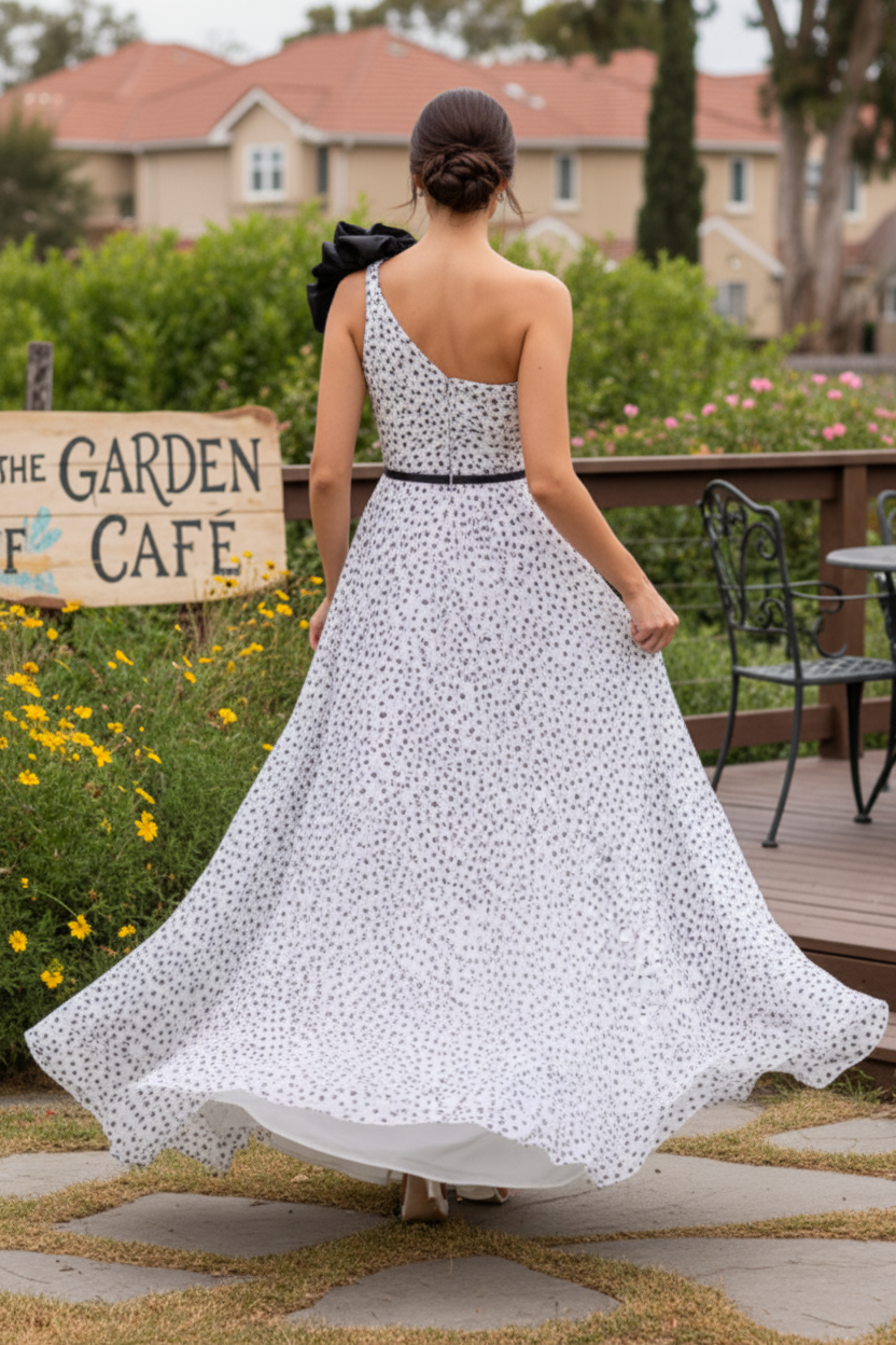 One-Shoulder Polka Dot Evening Gown