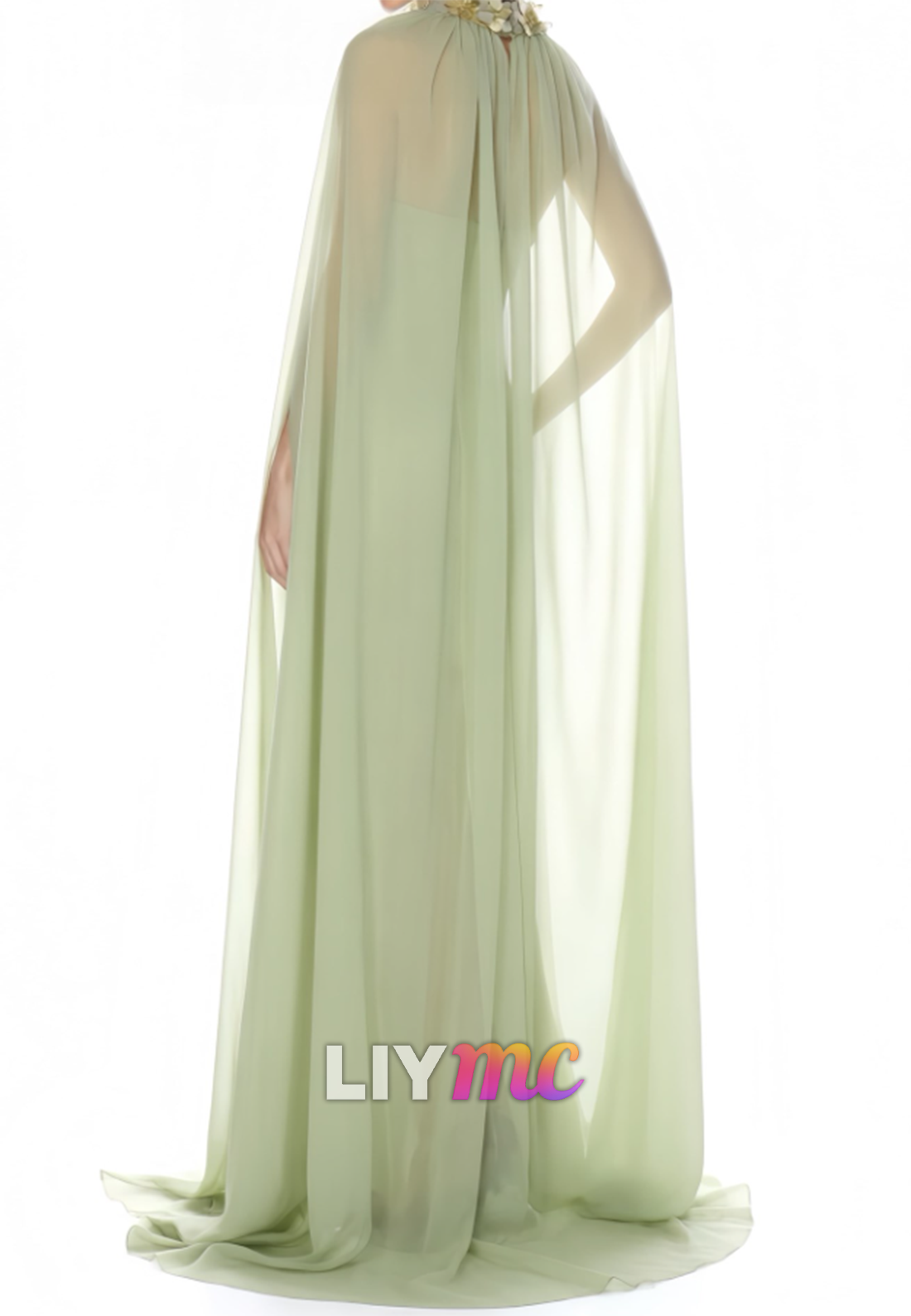 Mermaid Cape Gown with Floral Halter Neckline