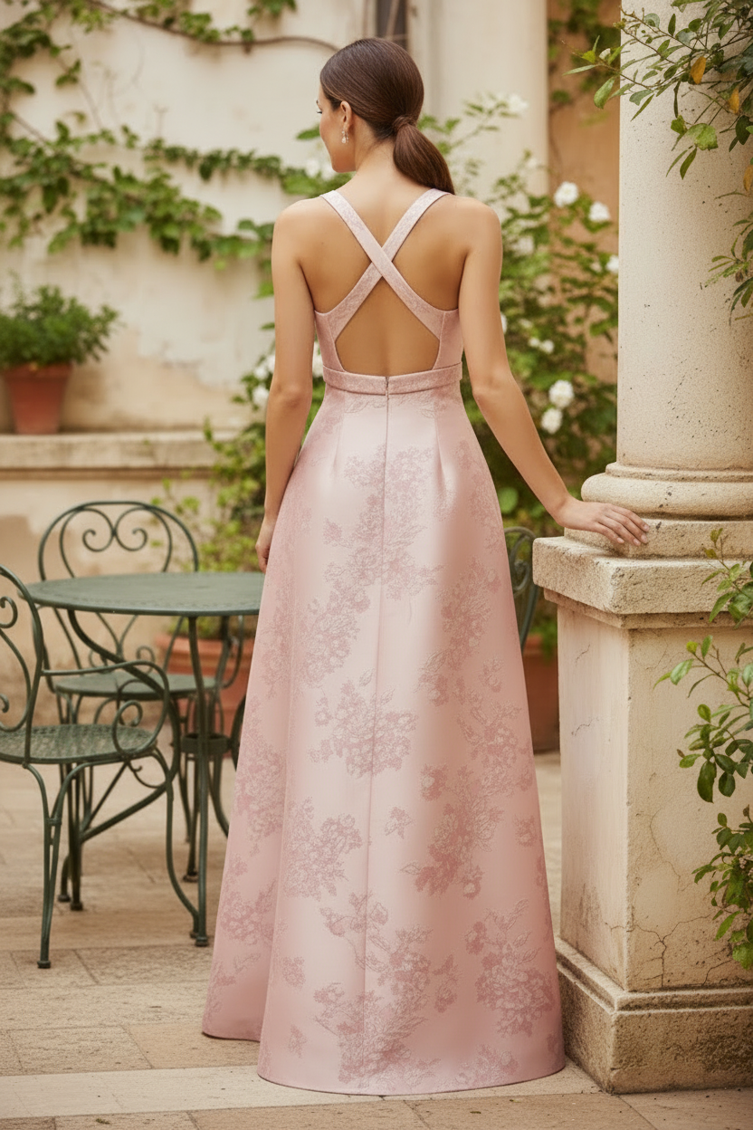 Floral Jacquard Column Gown with Bow Detail