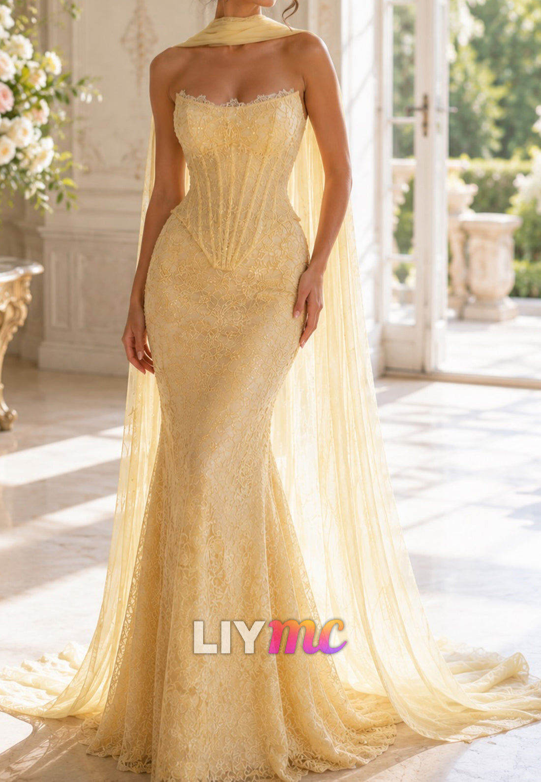 Strapless Lace Corset Mermaid Dress with Cape