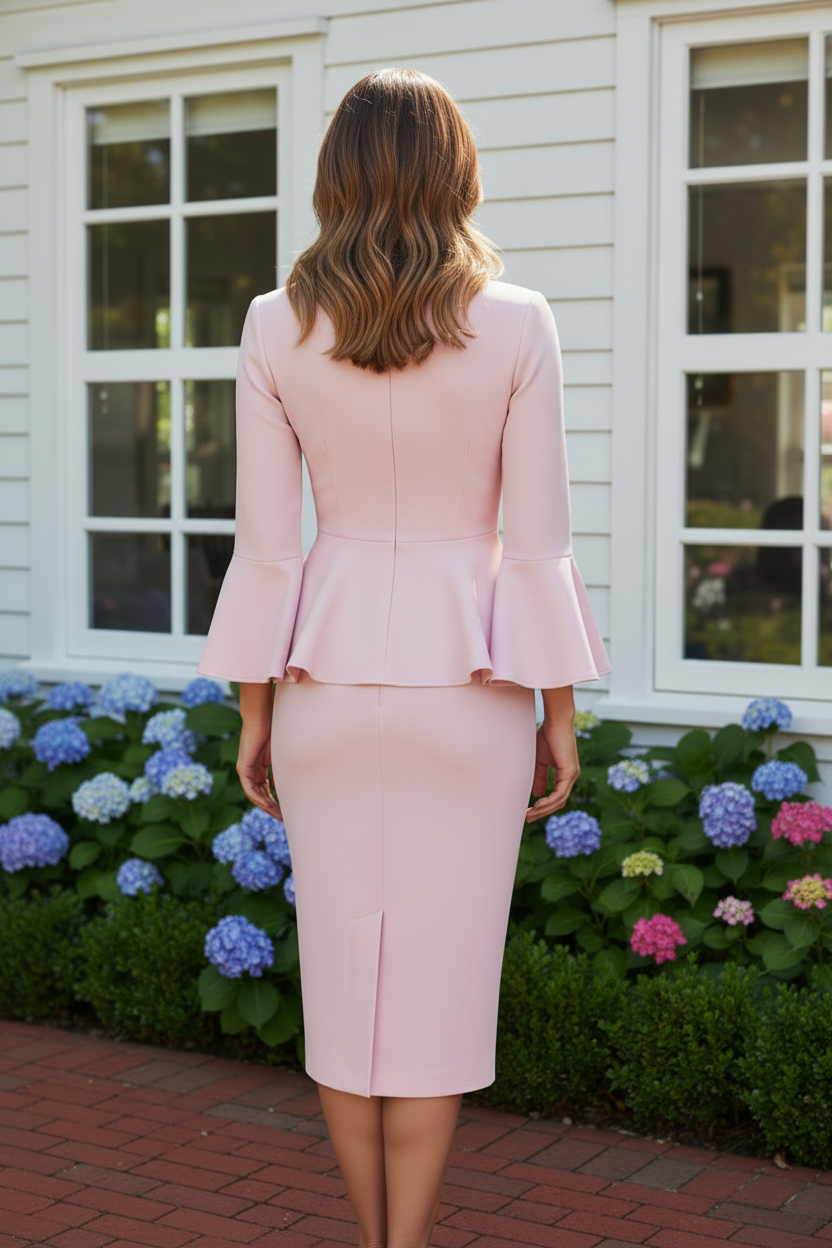 Peplum Midi Sheath Dress with Bell Sleeves