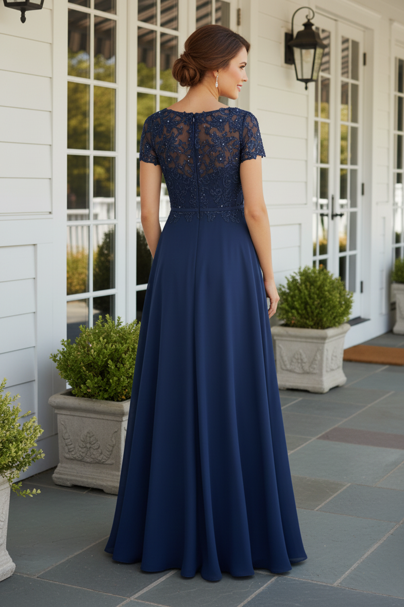 Illusion Lace A-Line Chiffon Evening Gown with Pockets