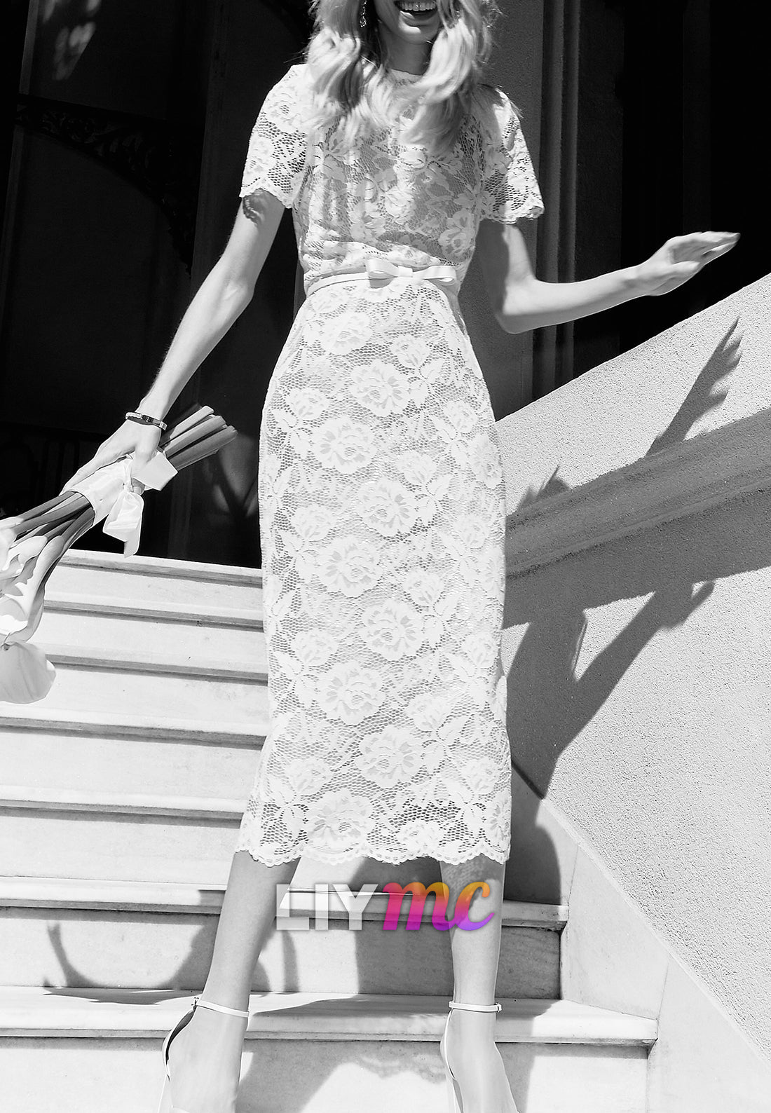 Short Sleeve Lace Tea-Length Wedding Dress with Pockets