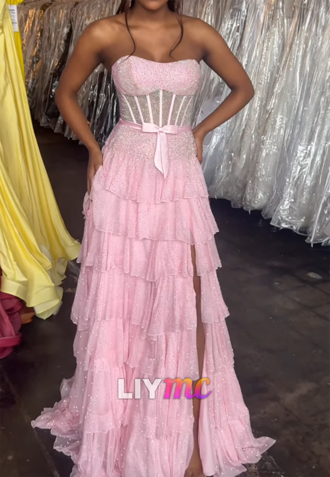 Corset Tiered Ruffle Gown with Rhinestones