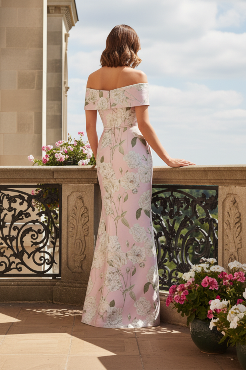 Off-The-Shoulder Floral Jacquard Column Gown