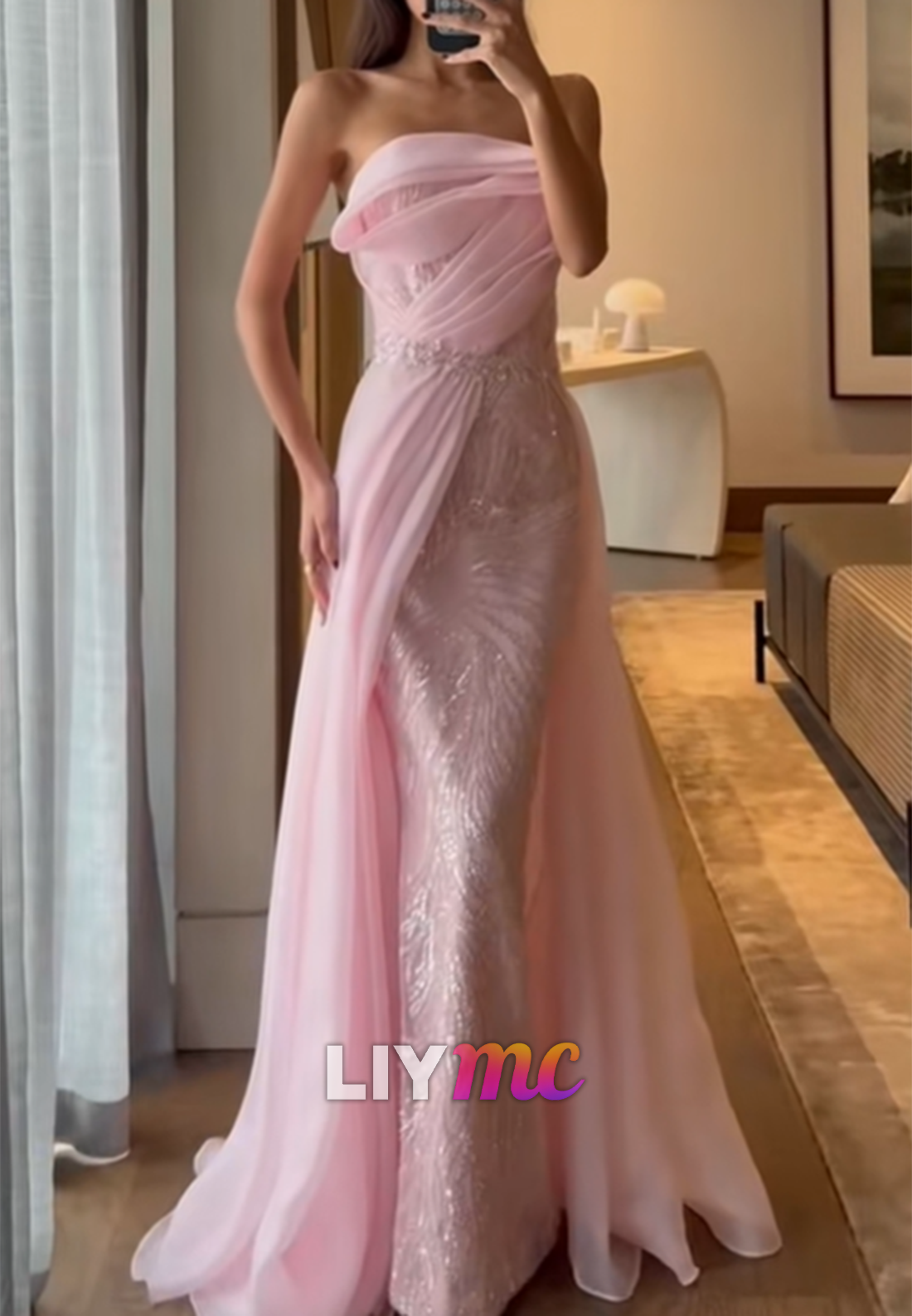 Strapless Sequin Column Gown with Chiffon Overskirt