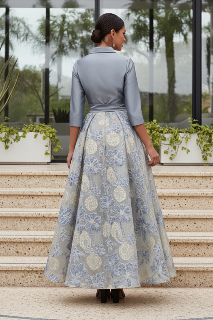 Collared Brocade A-Line Gown with Tie Belt