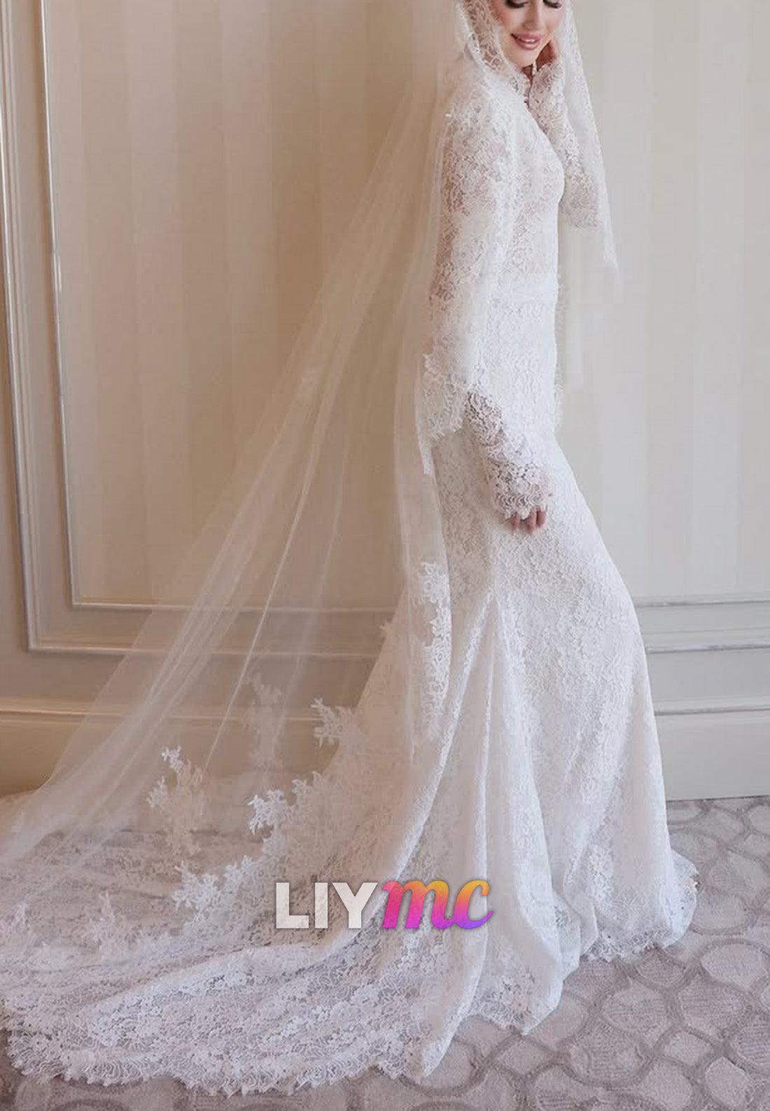 Lace Long Sleeve V-Neck Wedding Dress