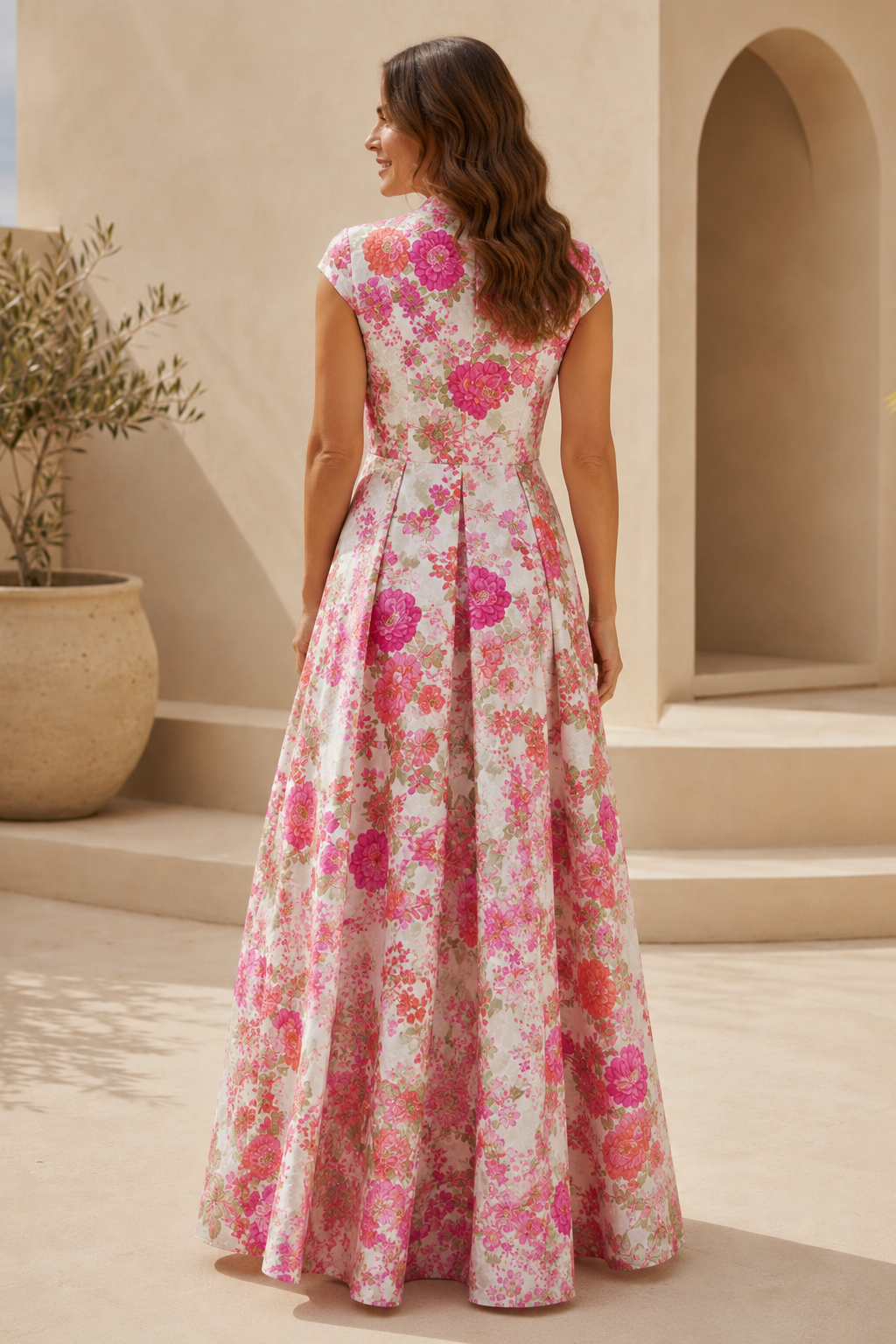 Floral Print A-Line Maxi Dress with Cap Sleeves