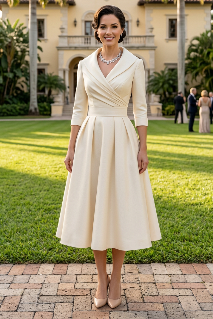 Pleated Shawl Collar Midi Dress with Pockets