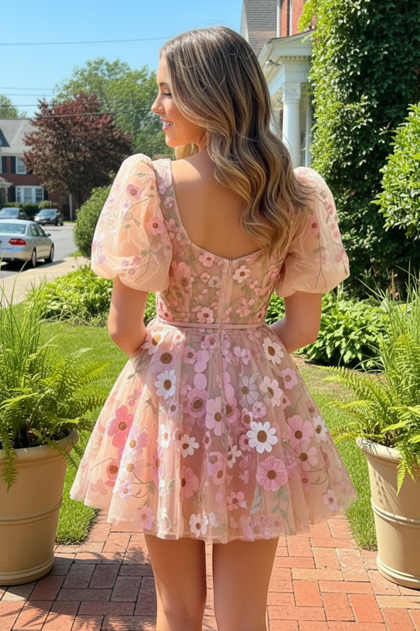3D Floral Applique Puff Sleeve Mini Dress