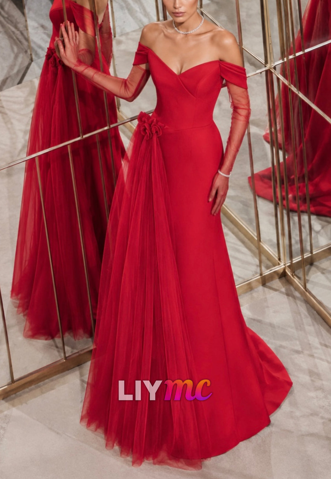 Off-Shoulder Gown with Tulle Side Drape