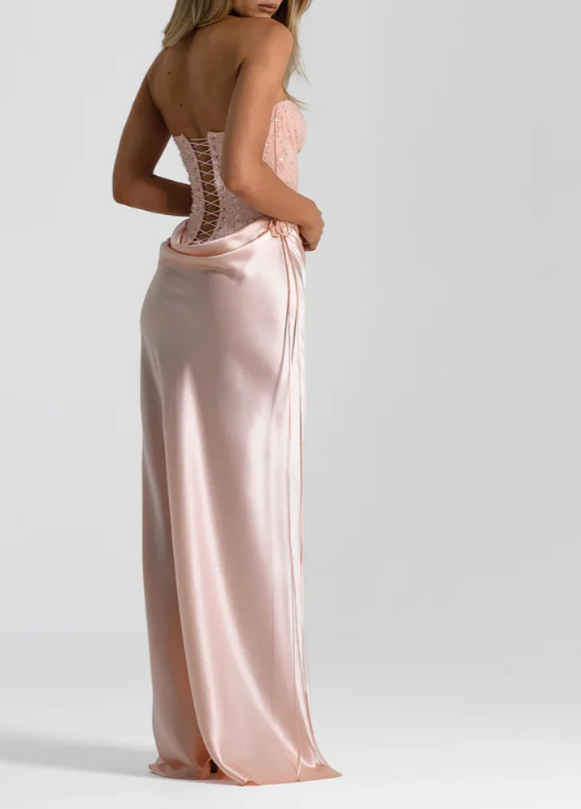 Strapless Beaded Corset Maxi Dress with Cowl