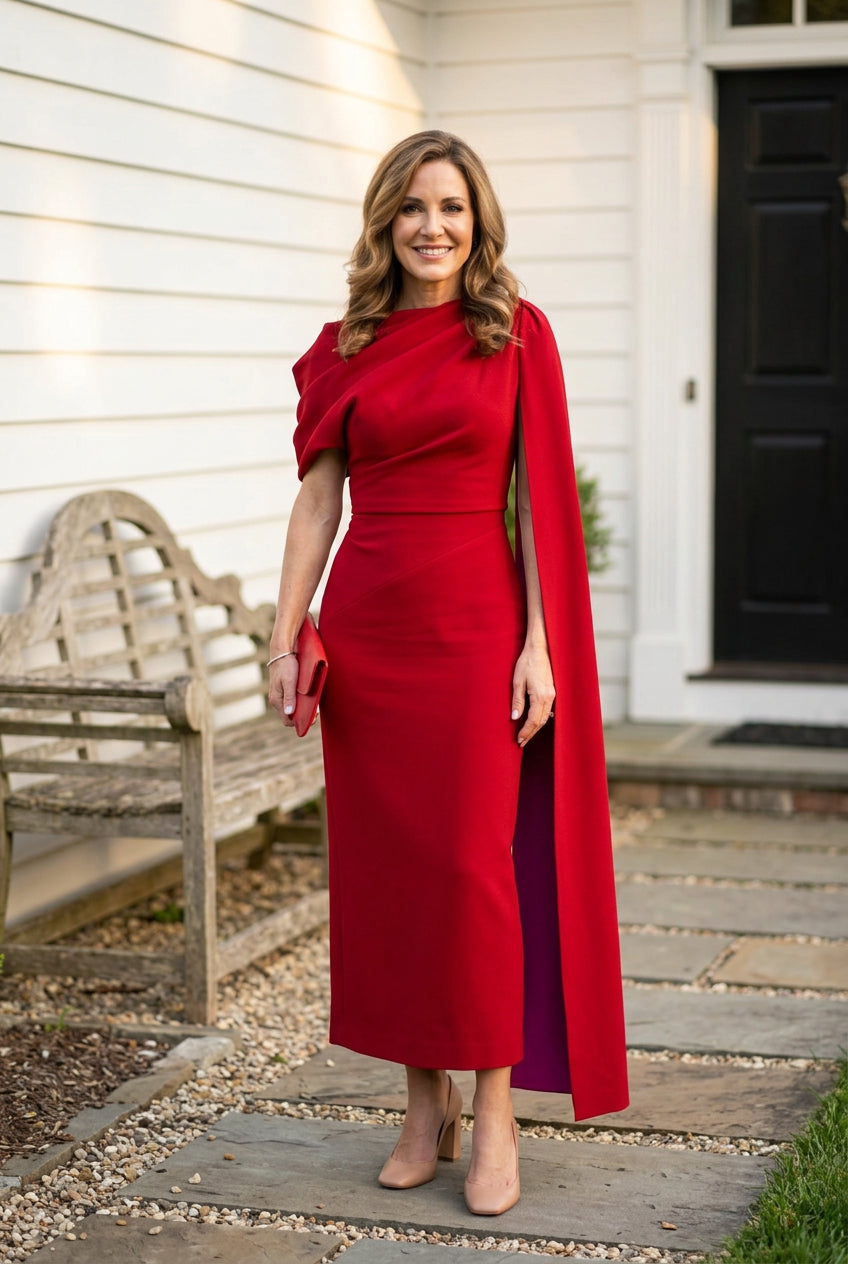Cape Detail Asymmetric Midi Sheath Dress