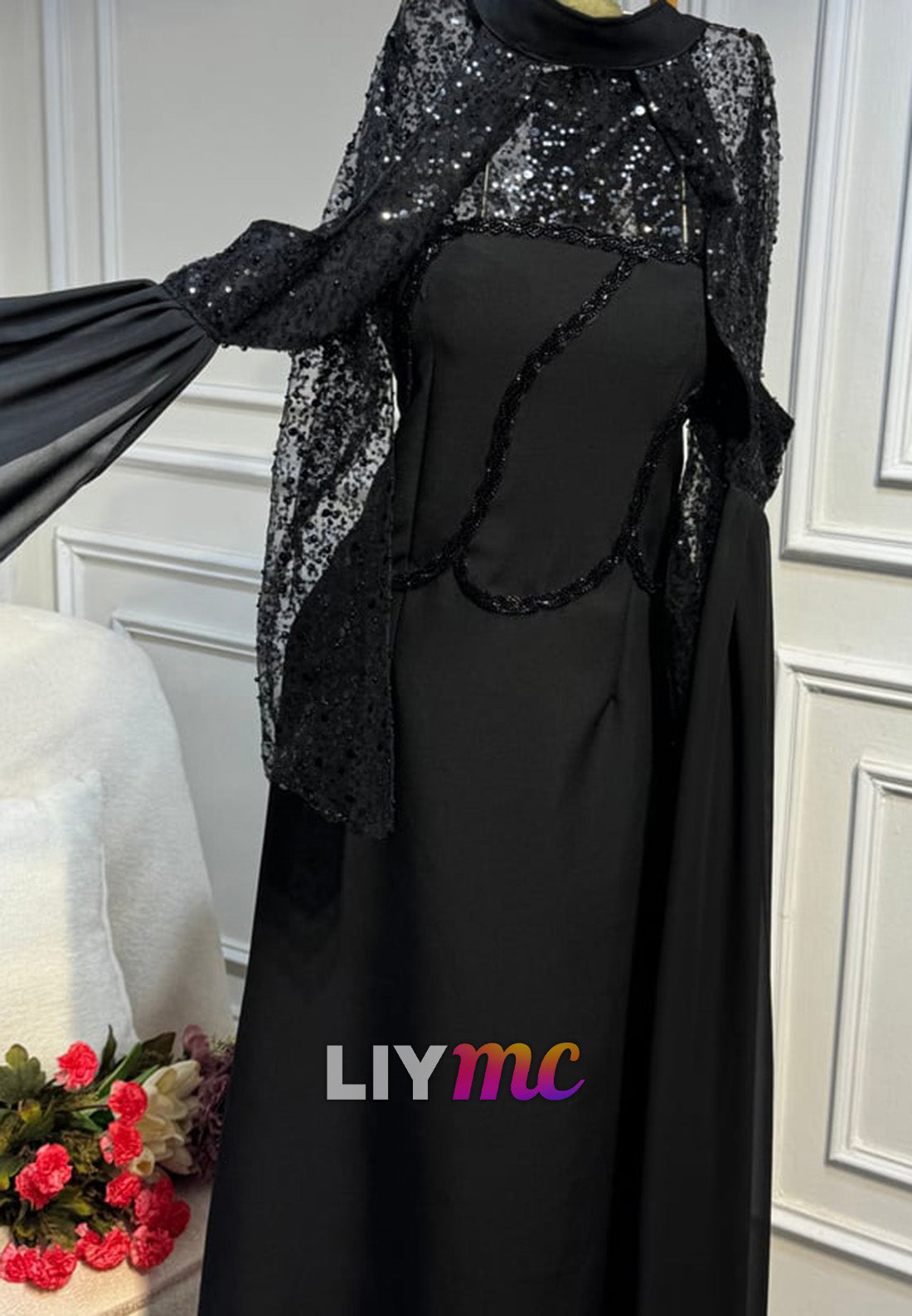 High Neck Sequin Bodice Gown with Cape Sleeves