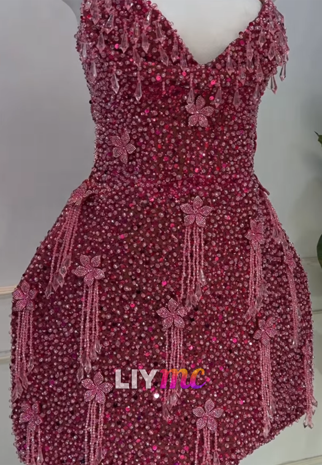 Halter Neck Beaded Mini Dress with 3D Flowers