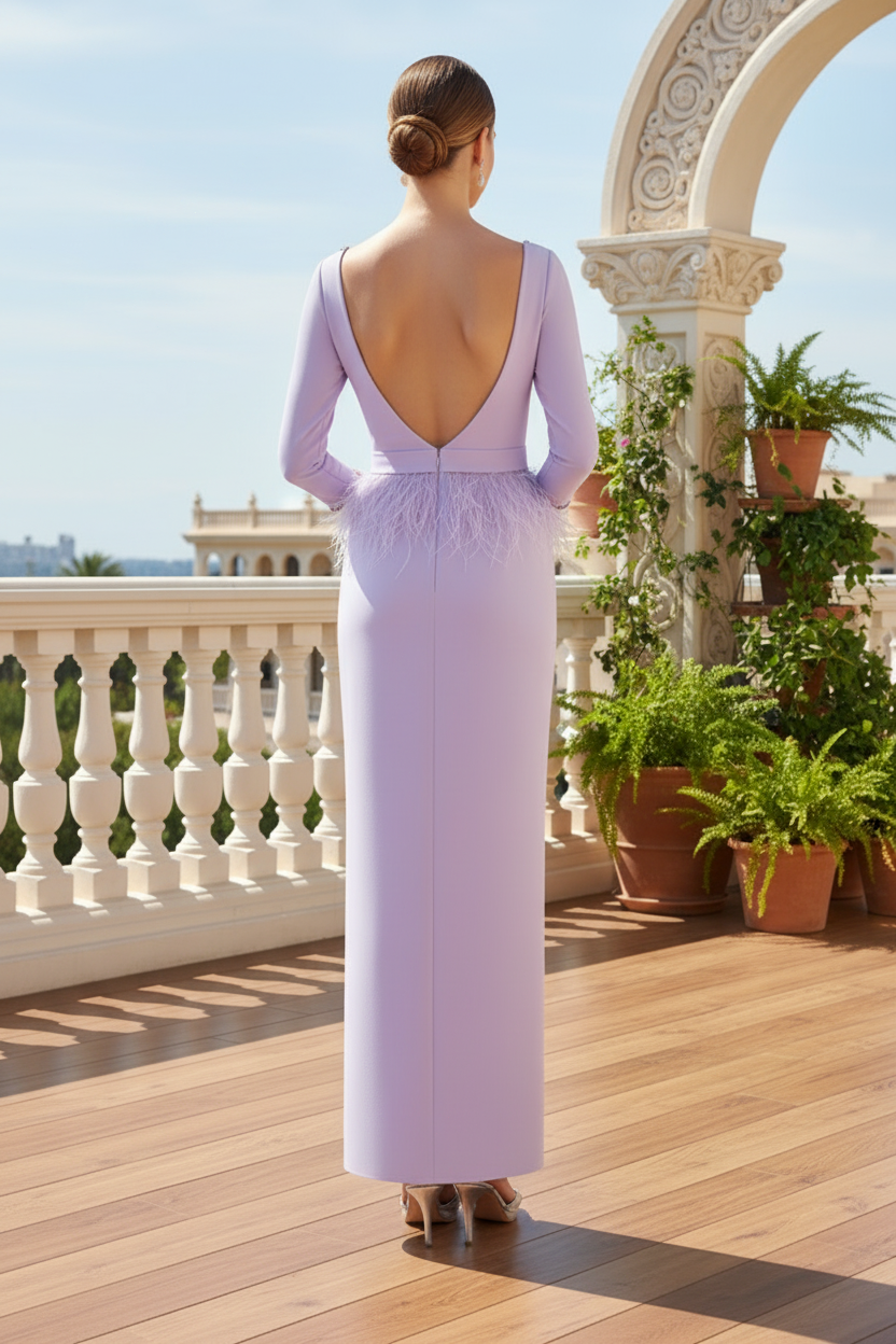 Feather Waist Column Evening Dress