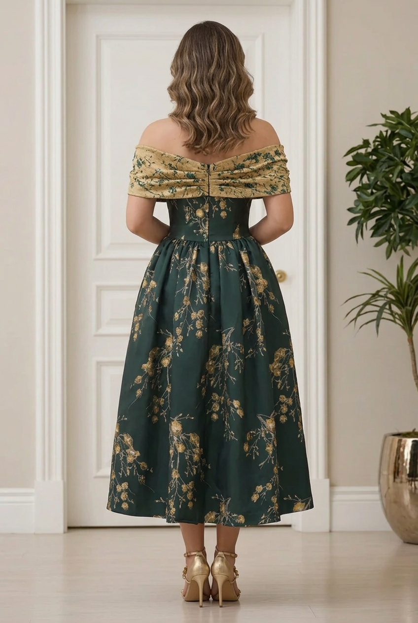 Floral Off-the-Shoulder A-Line Tea-Length Dress