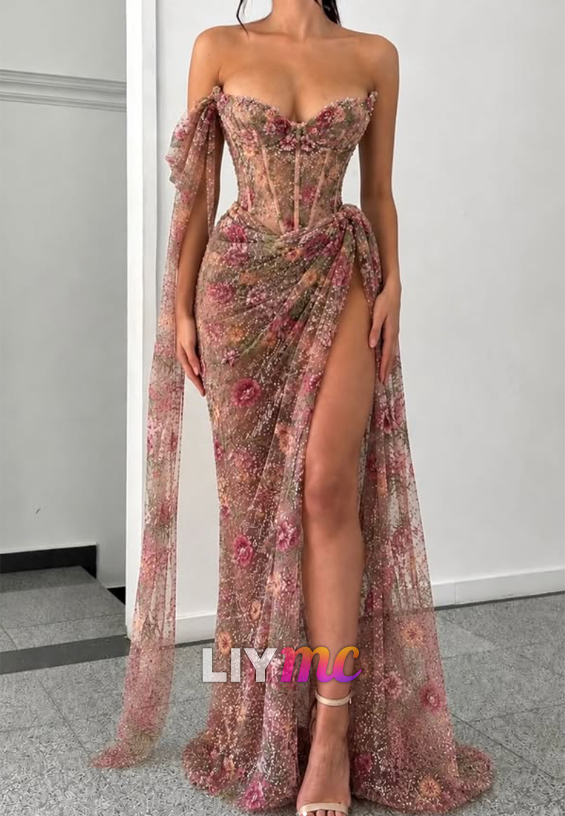 Floral Embroidered Corset High Slit Evening Gown