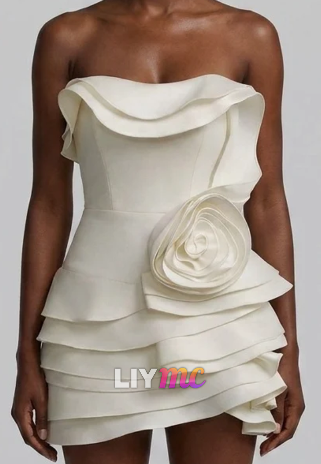 Strapless Tiered Ruffle Mini Dress with 3D Rose Detail
