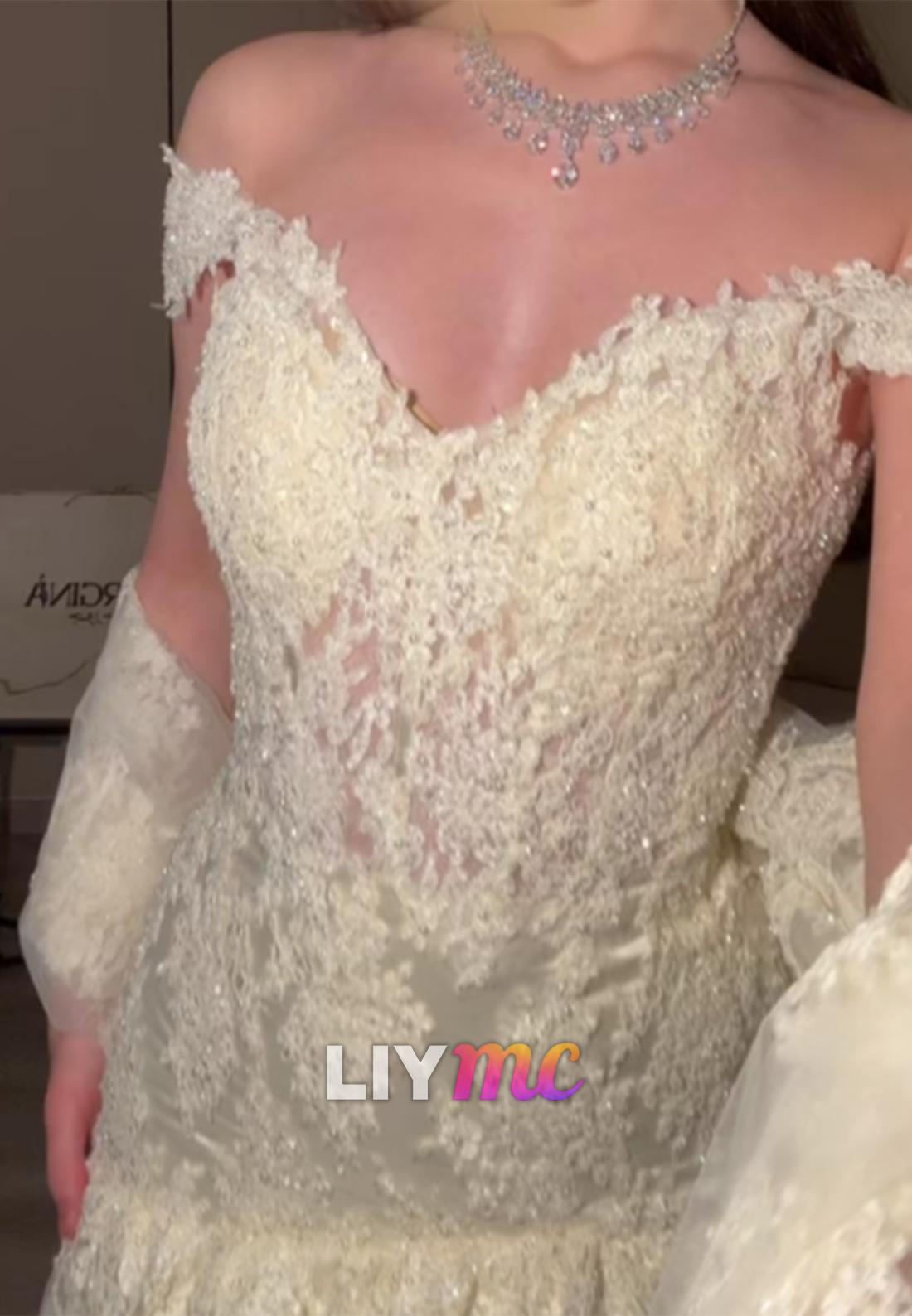 Off-the-Shoulder Tiered Lace Evening Gown