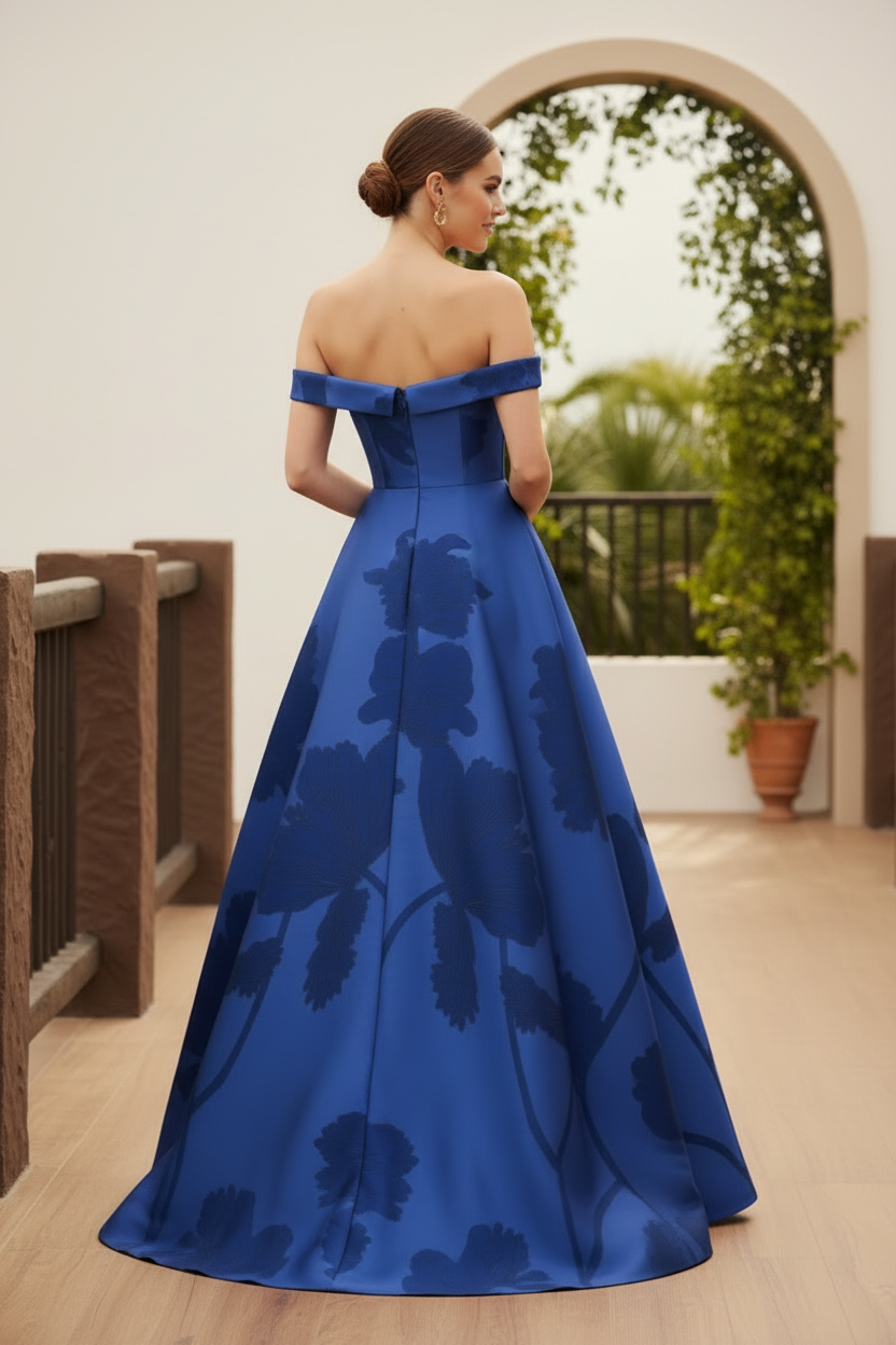 Off-the-Shoulder Floral Jacquard Evening Gown