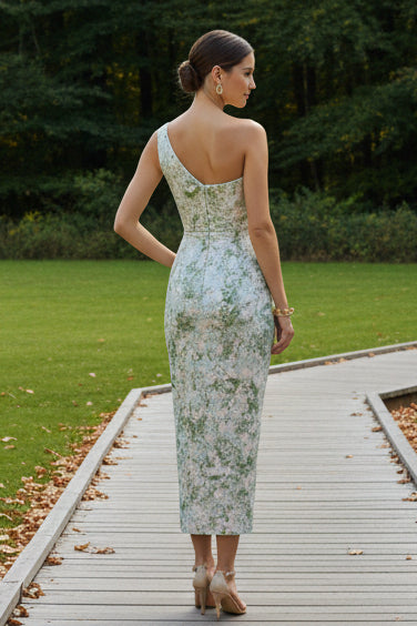 One-Shoulder Floral Jacquard Midi Dress