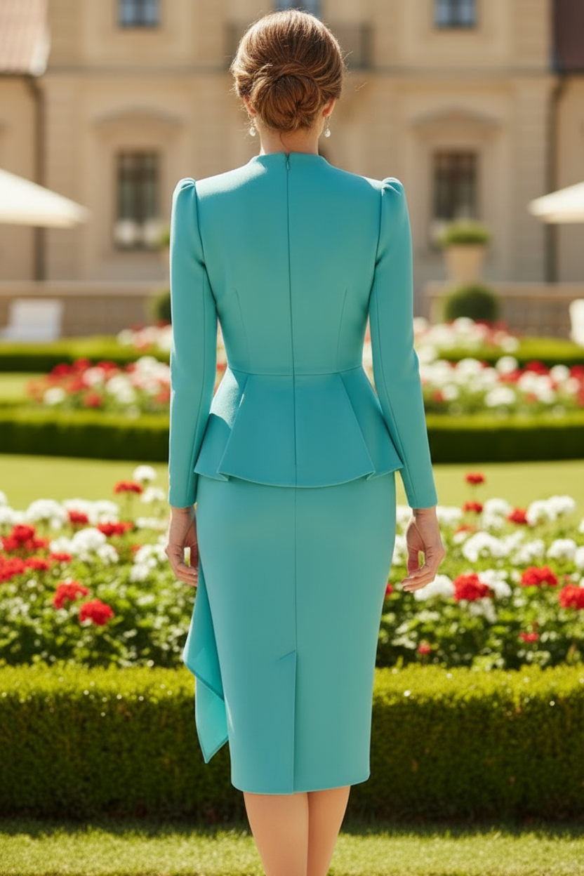 Asymmetrical Draped Long Sleeve Sheath Midi Dress