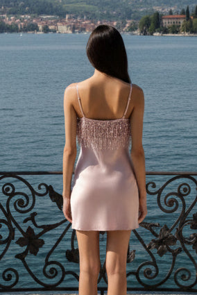 Beaded Fringe Satin Slip Mini Dress