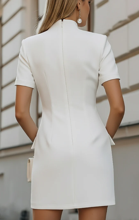 Tailored High-Neck Short-Sleeve Mini Dress